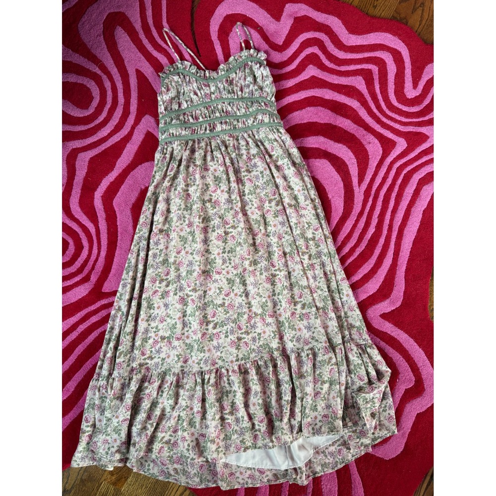 Floral Lace Up Back Midi Maxi Dress Pink Green Ruffle Cottagecore FD8858-CP16 M